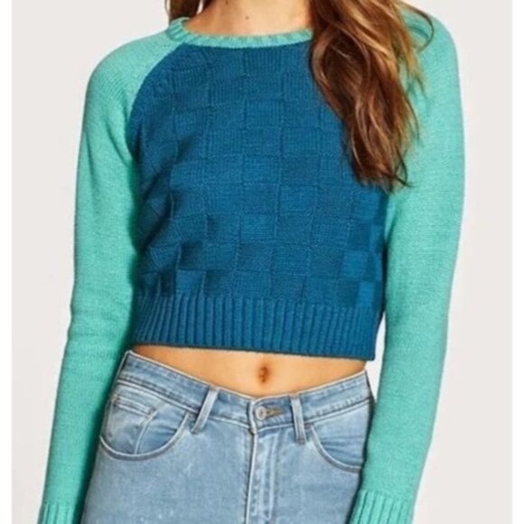 RVCA ASHLEY SMITH Crop Sweater L Blue Teal Woven Pattern Colorblock Cotton Blend - Picture 2 of 3